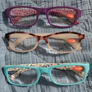 Set of 3 Reading Glasses +2.00 Purple Blue Pink Geometric New Without Tags